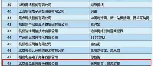 2016年暴风在中国互联网企业排名
