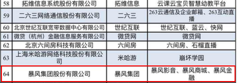 2017年暴风在中国互联网企业排名